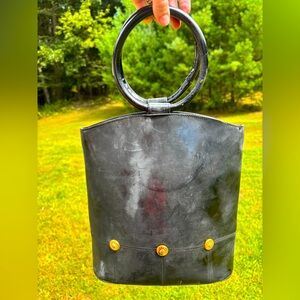 Black Leather Circle-Handle Women’s Bag